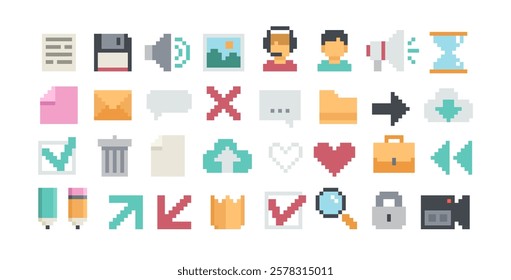 Conjunto de ícones vetoriais simples Pixel Аrt em estilo de jogo retro de 8 bits isolado em branco. Ícones de pixel planos para interface de interface do usuário do aplicativo Office