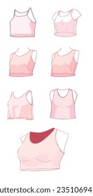Set simple plain croptop no sleeves, soft pink color vector