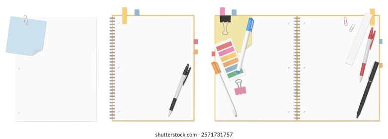 A Set of Simple Plain Loose-Leaf Paper, Spiral Notebook, and Stationery, Open Spread, 3-hole punched , Ring-bound notebook