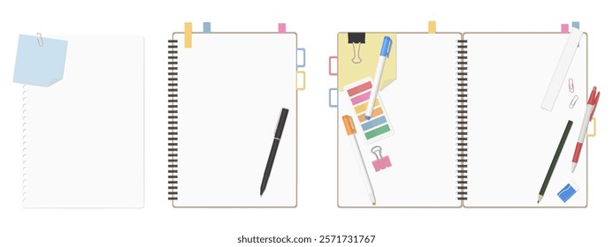 A Set of Simple Plain Loose-Leaf Paper, Spiral Notebook, and Stationery, Open Spread