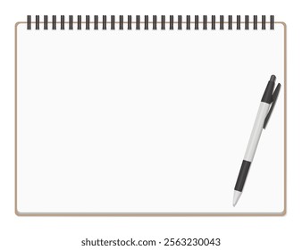 A Set of Simple Plain Notebook and Ballpoint Pen, Spiral Notebook, Landscape Orientation