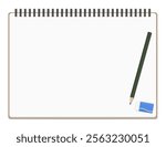 A Set of Simple Plain Notebook, Pencil, and Eraser, Spiral Notebook, Landscape Orientation