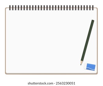 A Set of Simple Plain Notebook, Pencil, and Eraser, Spiral Notebook, Landscape Orientation