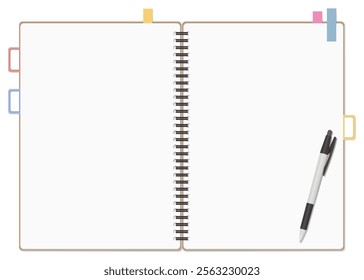 A Set of Simple Plain Notebook, Sticky Notes, and Ballpoint Pen, Spiral Notebook, Open Spread