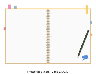 A Set of Simple Plain Notebook, Sticky Notes, Pencil, and Eraser, Spiral Notebook, Open Spread, 3-hole punched , Ring-bound notebook