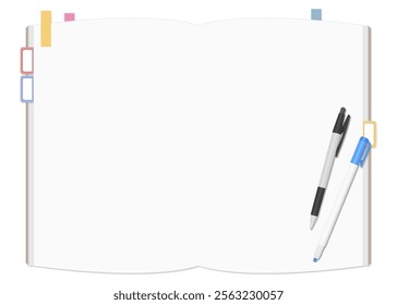 A Set of Simple Plain Notebook, Sticky Notes, Ballpoint Pen, and Highlighter, , Open Spread