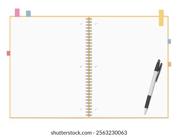 A Set of Simple Plain Notebook, Sticky Notes, and Ballpoint Pen, Spiral Notebook, Open Spread, 3-hole punched , Ring-bound notebook