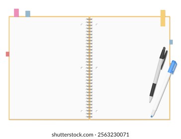 A Set of Simple Plain Notebook, Sticky Notes, Ballpoint Pen, and Highlighter, Spiral Notebook, Open Spread, 3-hole punched , Ring-bound notebook