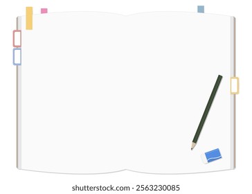 A Set of Simple Plain Notebook, Sticky Notes, Pencil, and Eraser, Open Spread