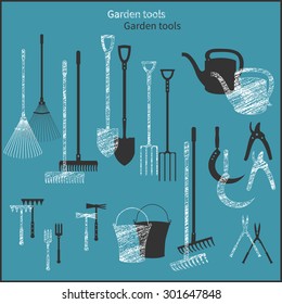 Set of simple plane vector garden icons and chalk icons