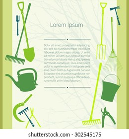 Set of simple plane vector garden icons, silhouette of trees and place for your text. Green background for your design. Vector.