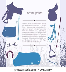Set of simple plane vector horse icons, silhouette of grass and place for your text. Blue background for your design. Vector.