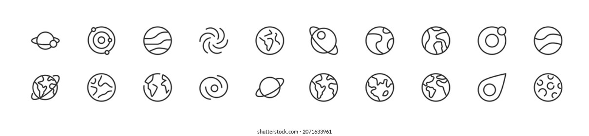 Set of simple planet line icons. Outline stroke object. Linear signs pack. Perfect for web apps and mobile.