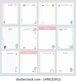 Set of simple planners and to-do lists for kids with cute illustrations and trendy lettering. Template for planners, schedules, agenda, checklists and other kids stationery. Isolated vector 