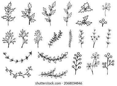Set of simple plant in doodle style. Sketch of leaves and twigs. Vector illustration.