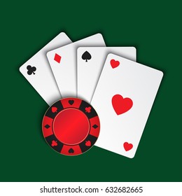 Set of simple playing cards with casino chips on green background, vector illustration