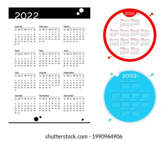 Establece el calendario simple de bolsillo 2022 año en fondo blanco. Calendario de círculo azul y rojo 2022. La semana comienza el domingo. Plantilla de diseño de creación de plantillas. 