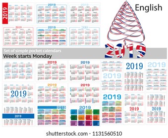 Set of simple pocket calendars for 2019 Two thousand nineteen . Week starts Monday.