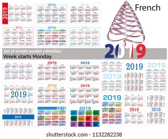 Set of simple pocket calendars for 2019. Week starts Monday. Translation from French - "january, february, march, april, may, june, july, august, september, october, november, december".