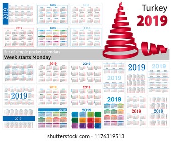 Set of simple pocket calendars for 2019 (Two thousand nineteen). Translation from Turkey - "january, february, march, april, may, june, july, august, september, october, november, december".