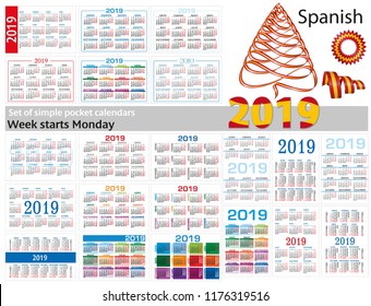 Set of simple pocket calendars for 2019 (Two thousand nineteen). Translation from Spanish - "january, february, march, april, may, june, july, august, september, october, november, december".