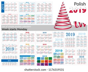 Set of simple pocket calendars for 2019 (Two thousand nineteen). Translation from Polish - "january, february, march, april, may, june, july, august, september, october, november, december".