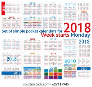 Set of simple pocket calendars for Two thousand eighteen. Week starts Monday