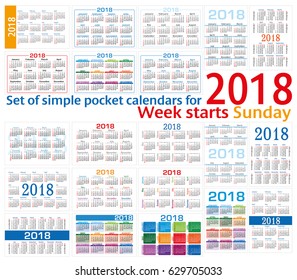 Set of simple pocket calendars for Two thousand eighteen. Week starts Sunday