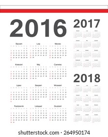 Set of simple Polish 2016, 2017, 2018 year vector calendars. Week starts from Sunday.