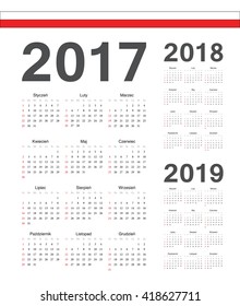 Set of simple Polish 2017, 2018, 2019 year vector calendars. Week starts from Sunday.