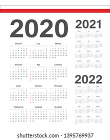 Set of simple Polish 2020, 2021, 2022 year vector calendars. Week starts from Sunday.