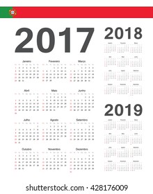 Set of simple Portuguese 2017, 2018, 2019 year vector calendars. Week starts from Sunday.