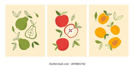 Set of simple posters with fruits. Cards with pears, apricots, apples. Vector flat illustration
