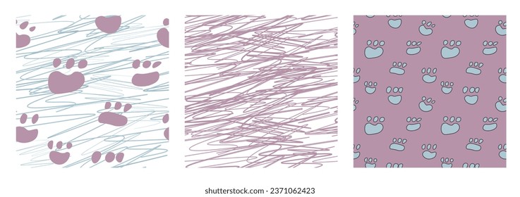 a set of simple prints, children's doodles made with a felt-tip pen, seamless patterns of stroke lines and paw prints