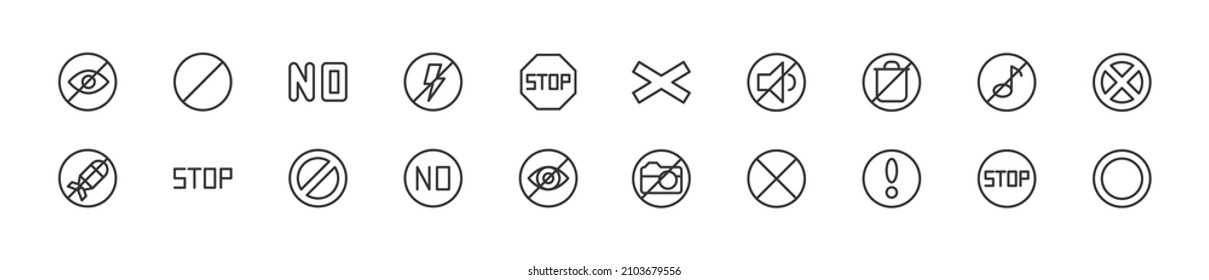 Set of simple prohibition line icons. Outline stroke object. Linear signs pack. Perfect for web apps and mobile.