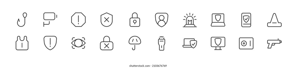 Conjunto de iconos simples de la línea de protección. Objeto de trazo de contorno. Envase de signos lineales. Perfecto para aplicaciones web y móviles.