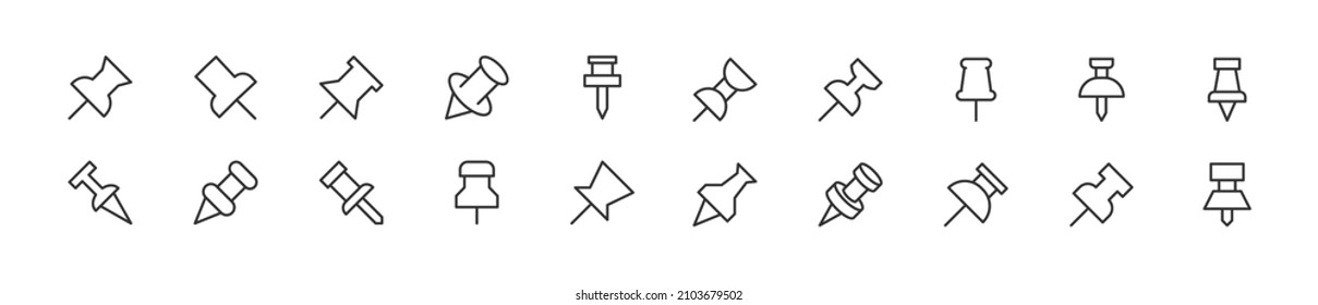 Set of simple push pin line icons. Outline stroke object. Linear signs pack. Perfect for web apps and mobile.