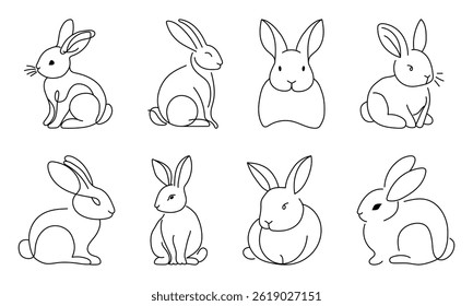 Set of simple rabbits line drawing black and white