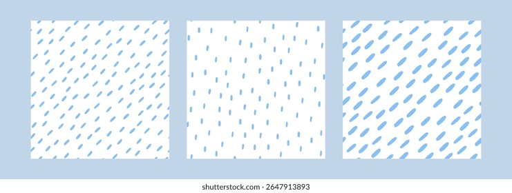 Conjunto de padrões de chuva simples. Linha de água azul e gotas de líquido. Plano de fundo traço pequeno. Textura de queda chuvosa. Ilustração vetorial.