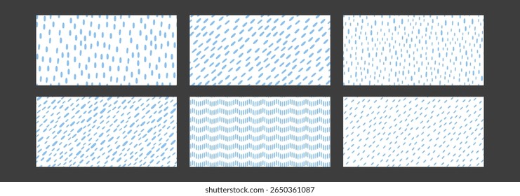 Conjunto de padrões de chuva simples. Gotas azuis no fundo branco. Ilustração da precipitação. Linhas verticais tracejadas. Ilustração vetorial.