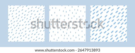 Set of Simple rain pattern. Blue Water line and liquid drops. Small dash background. Rainy fall texture. Vector illustration.