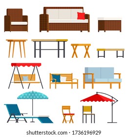 Set of simple rattan and wooden garden furnitures. Vector flat illustration on white background