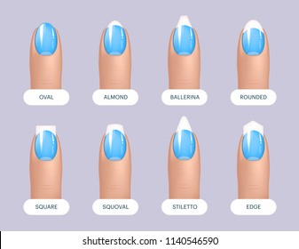 Set of simple realistic blue manicured nails with different shapes. Vector illustration for your graphic design.