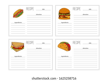 Set of simple recipe card templates with fast food illustration in cartoon style.