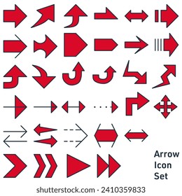 Set of simple red arrow icons of various types