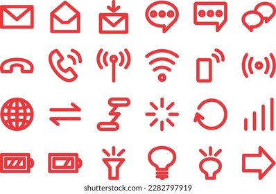 Set of simple red communication technology web icons. line drawing