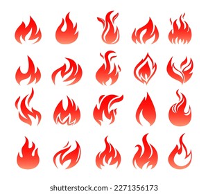 Juego de simples iconos rojos de fuego. Pictogramas o calcomanías con llamas, chispas, fogatas quemadas y bola de fuego. Elemento de diseño para logotipo o tatuaje. Colección vectorial plana de dibujos animados aislada en fondo blanco