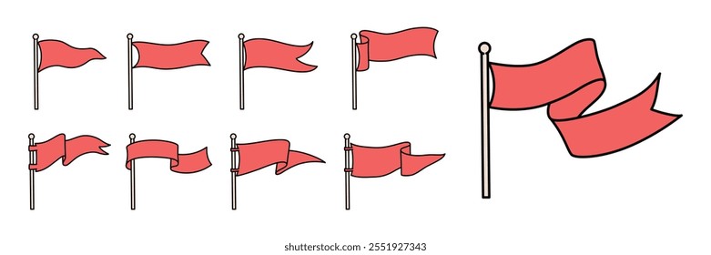 Set of simple red flags with various shapes and flowing designs, ideal for icons, banners, labels, or digital decoration in a minimal and clean style.