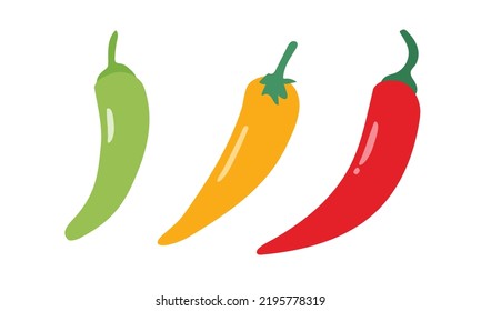 Set of simple red, green, yellow chili pepper clipart vector illustration isolated on white background. Chilli peppers cartoon style. Chilli sign icon. Organic food, vegetables and restaurant concept