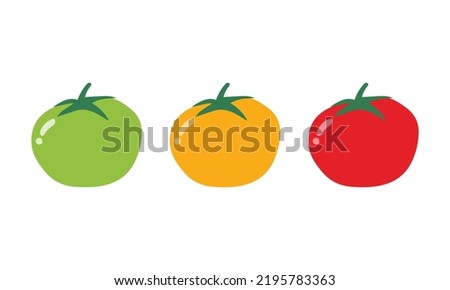 Set of simple red, green, yellow tomato clipart vector illustration isolated on white background. Fresh tomatoes cartoon style. Ripe tomato sign icon. Organic food, vegetables and restaurant concept